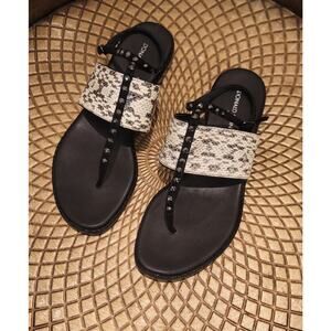 Donald J Pliner Lacy Jeweled Ankle-Wrap Sandals‎ Snake Bone/Black Leather 9